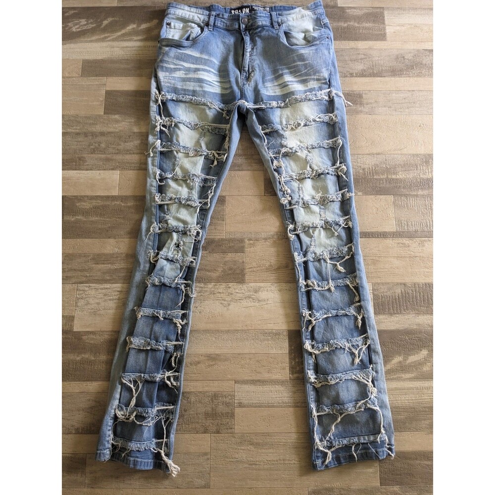 SPARK Distressed Ripped Frayed Jeans Blue Stretch Urban Denim Men's Size 38/37